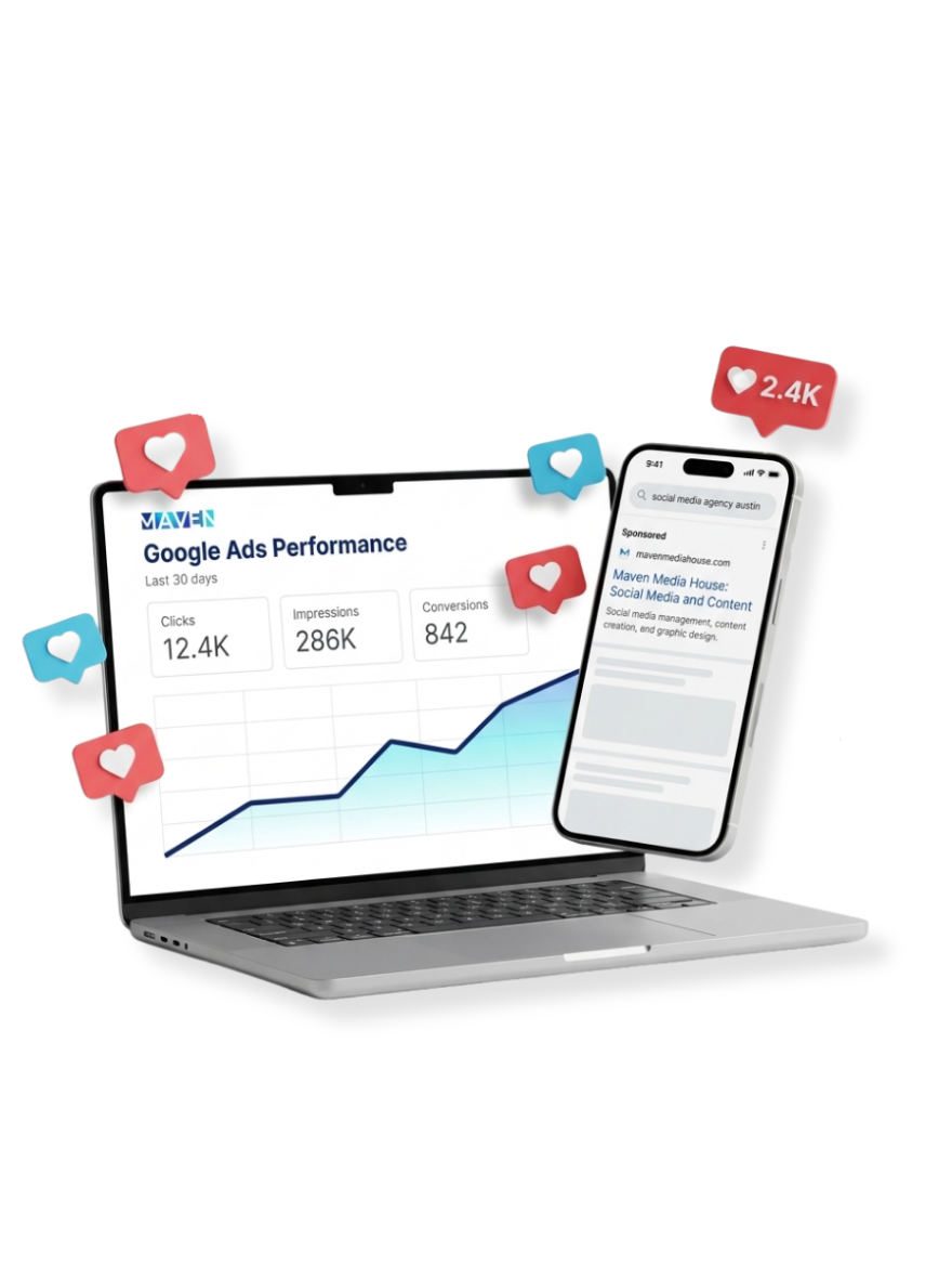 Google Ads performance dashboard on a laptop beside a search ad on a phone