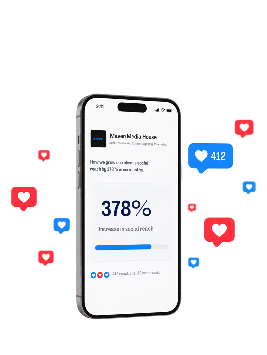 A promoted Maven Media House LinkedIn post on a phone showing a 378 percent increase in social reach