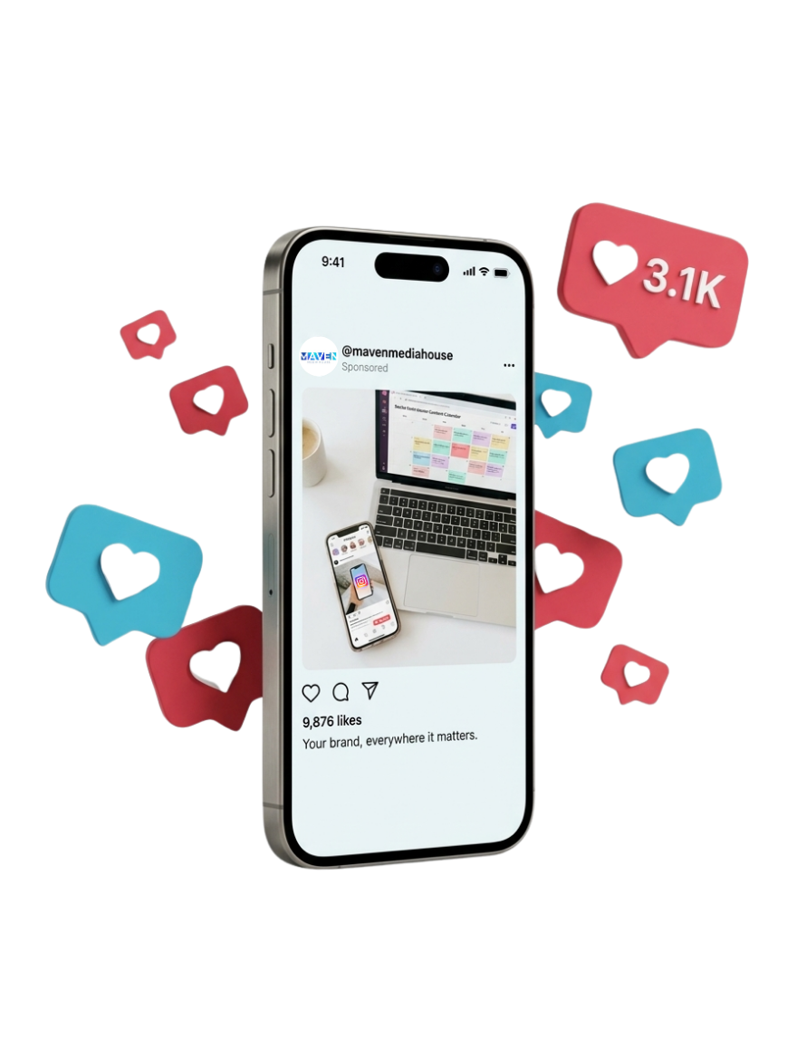 A sponsored Maven Media House Instagram post on a phone surrounded by like icons