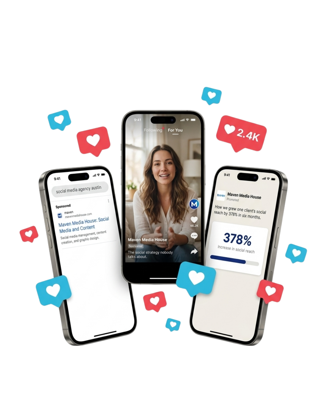 Maven Media House ads shown across Google search, TikTok and LinkedIn on three phones