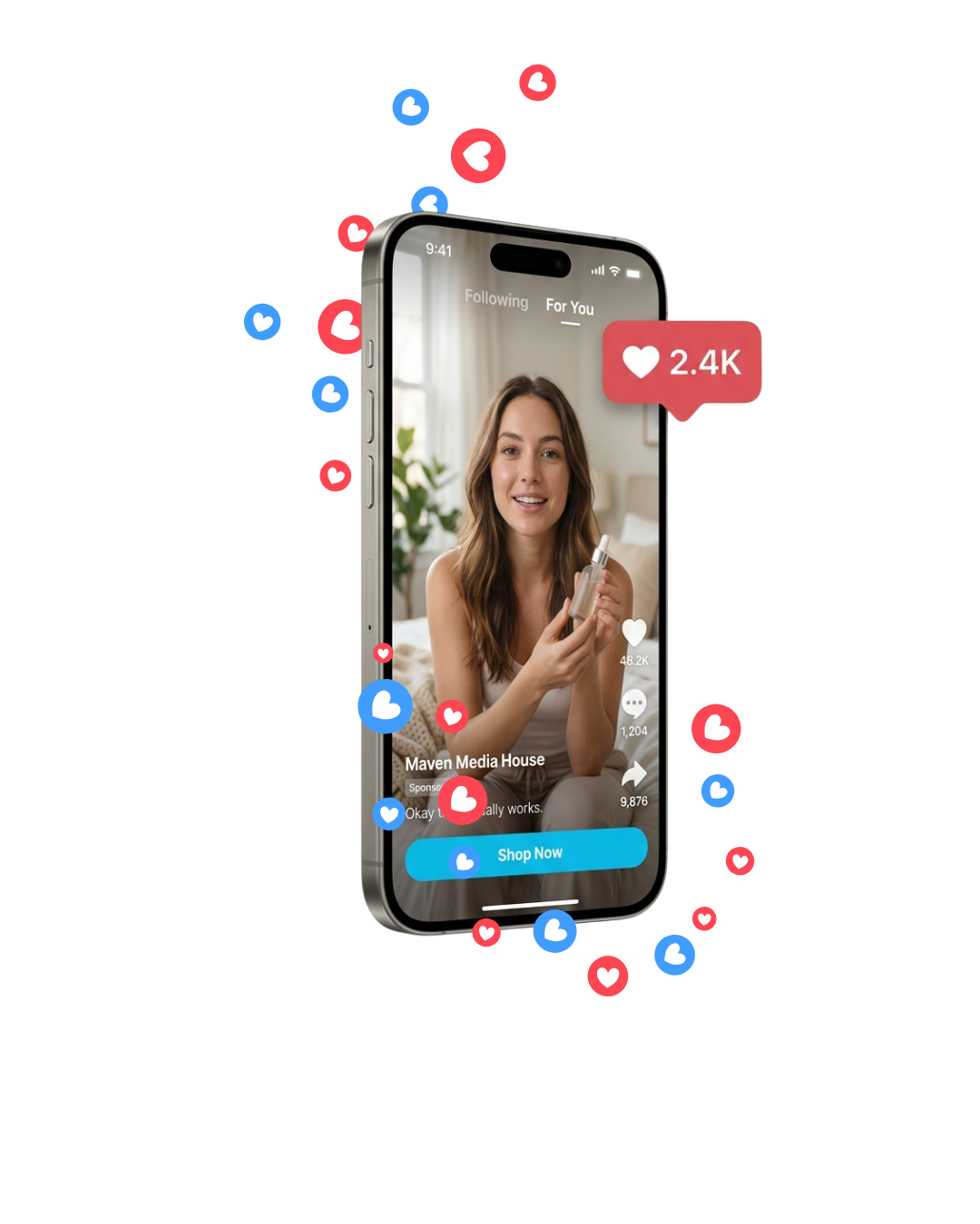A sponsored Maven Media House video in a TikTok For You feed on a phone with a Shop Now button