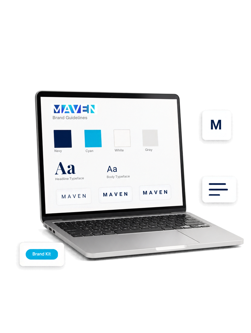 Maven Media House brand guidelines on a laptop showing colour palette, typefaces and logo lockups