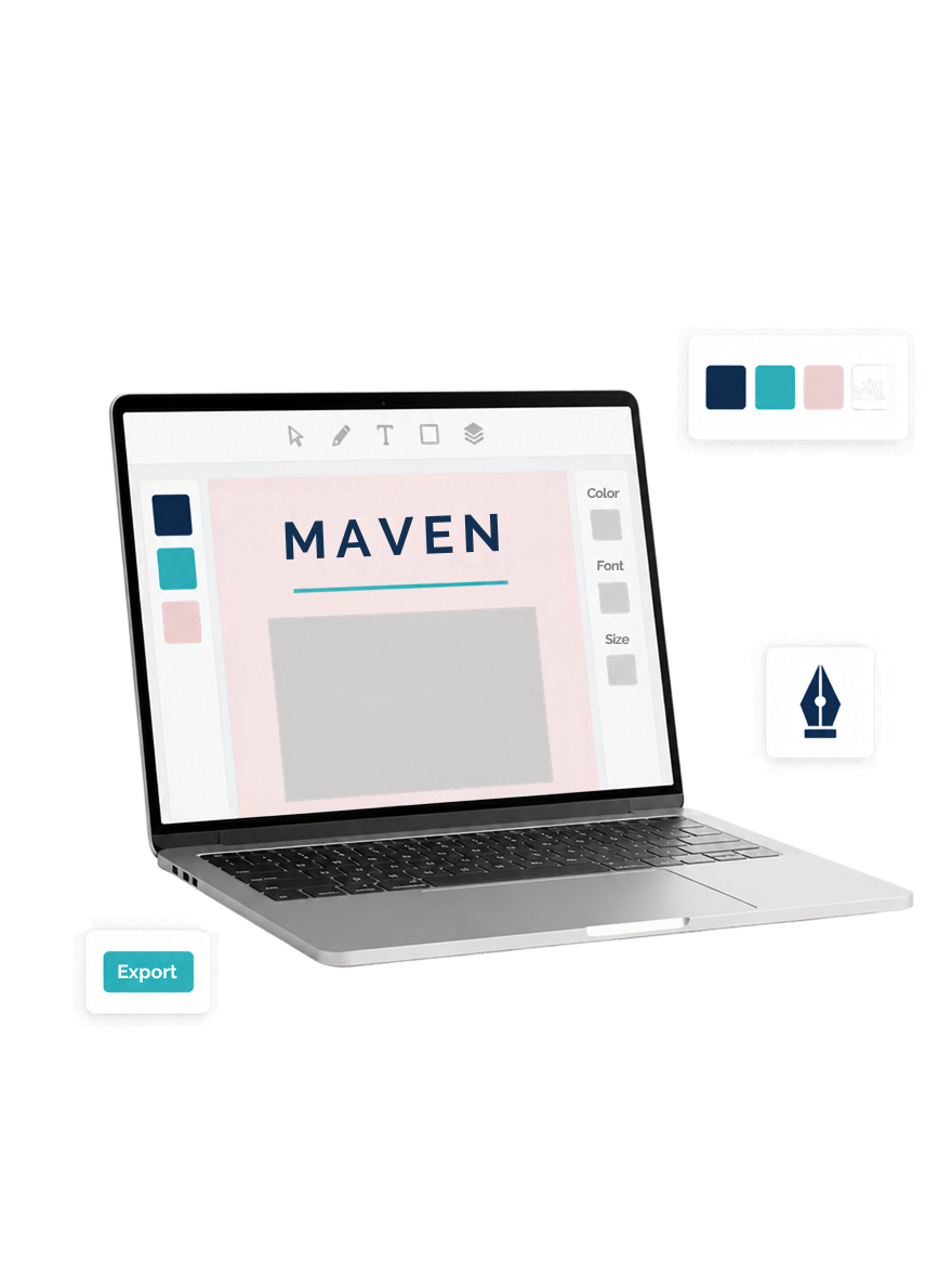 A design being built in an editor on a laptop with colour, font and export controls