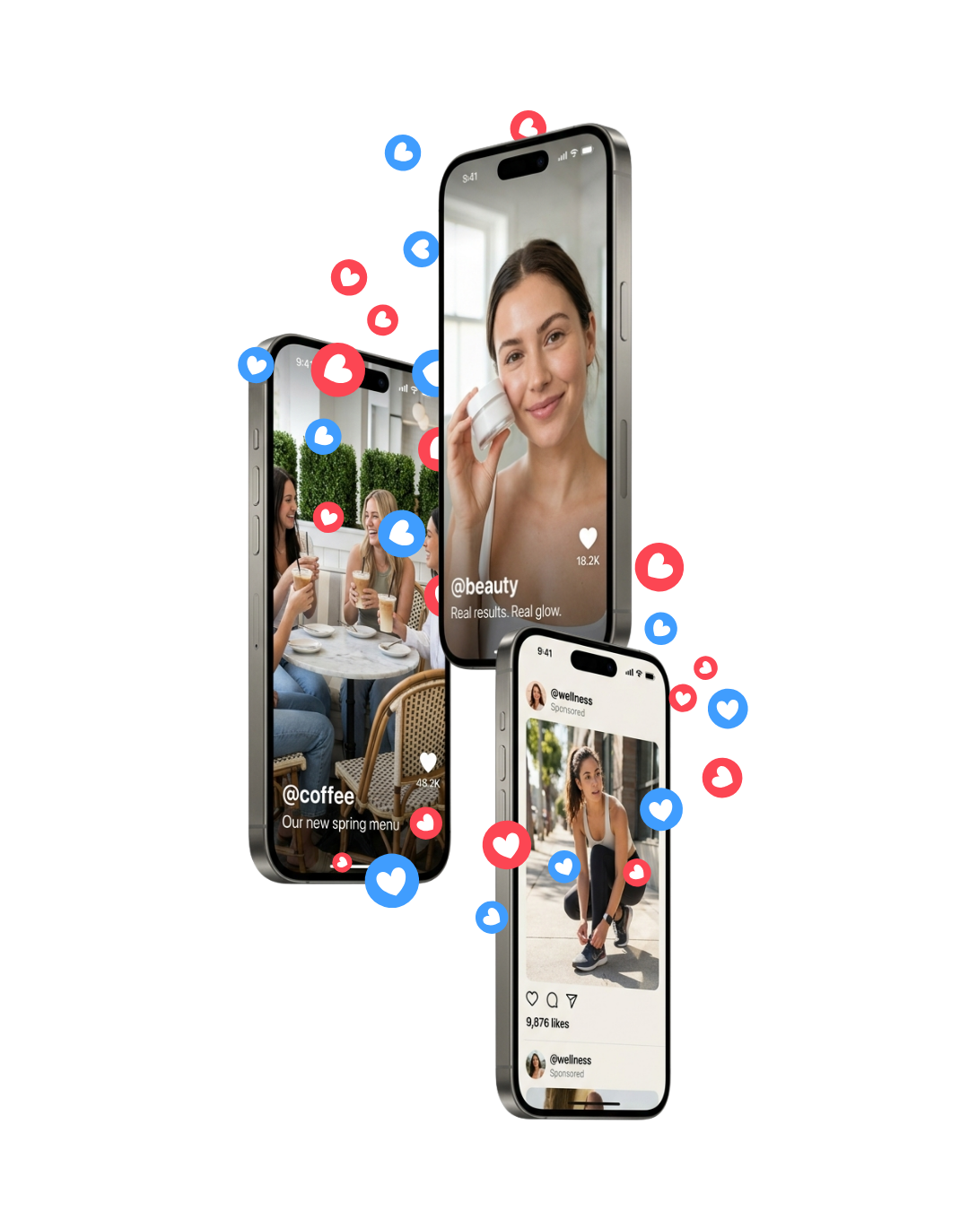 Three phones showing Maven Media House social content for coffee, beauty and wellness brands