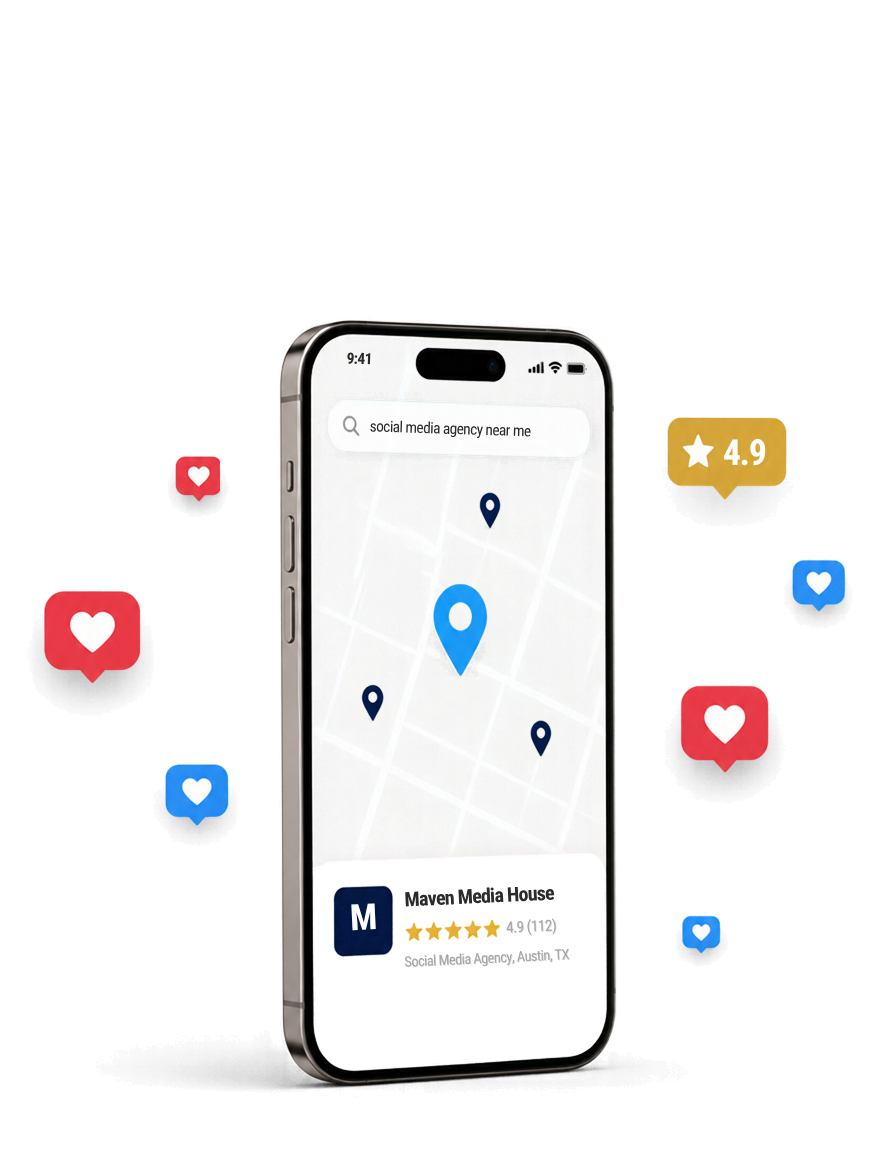 A phone showing Maven Media House in the Google map pack with a 4.9 star rating
