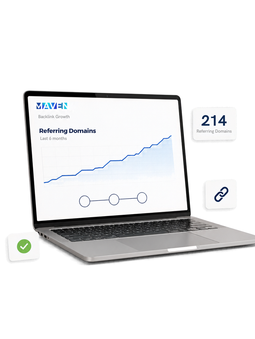 A backlink growth chart on a laptop showing referring domains rising to 214 over six months