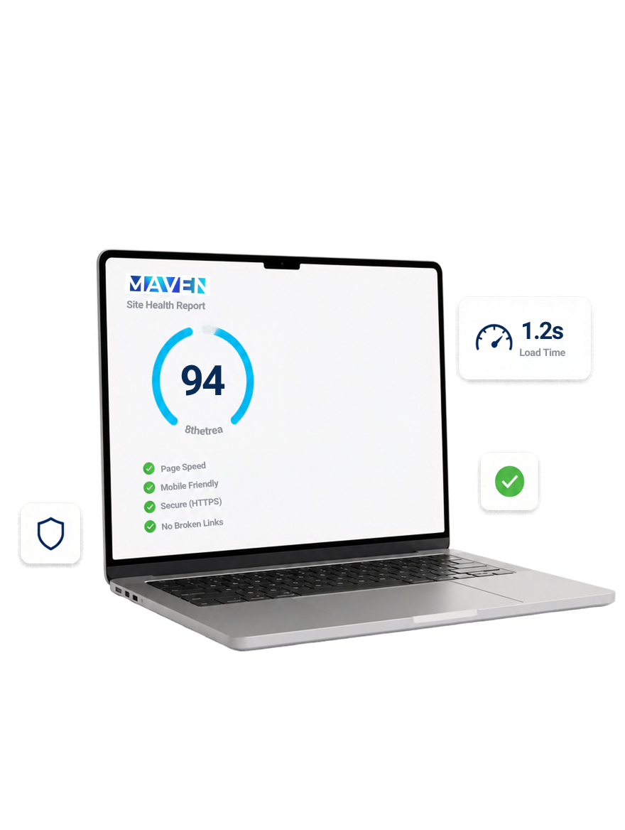 A site health report on a laptop showing a score of 94 with page speed, mobile and HTTPS checks passing