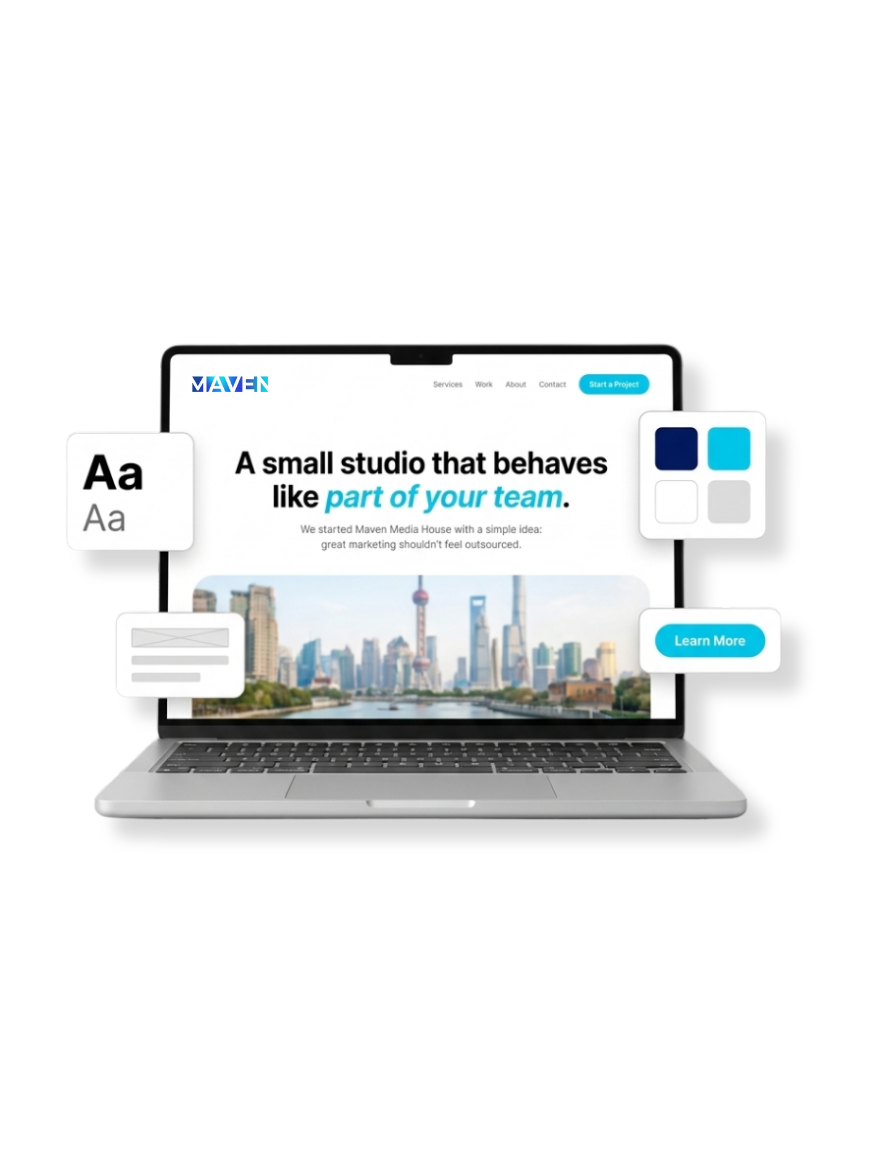 A Maven Media House website design on a laptop with typography and brand colour swatches