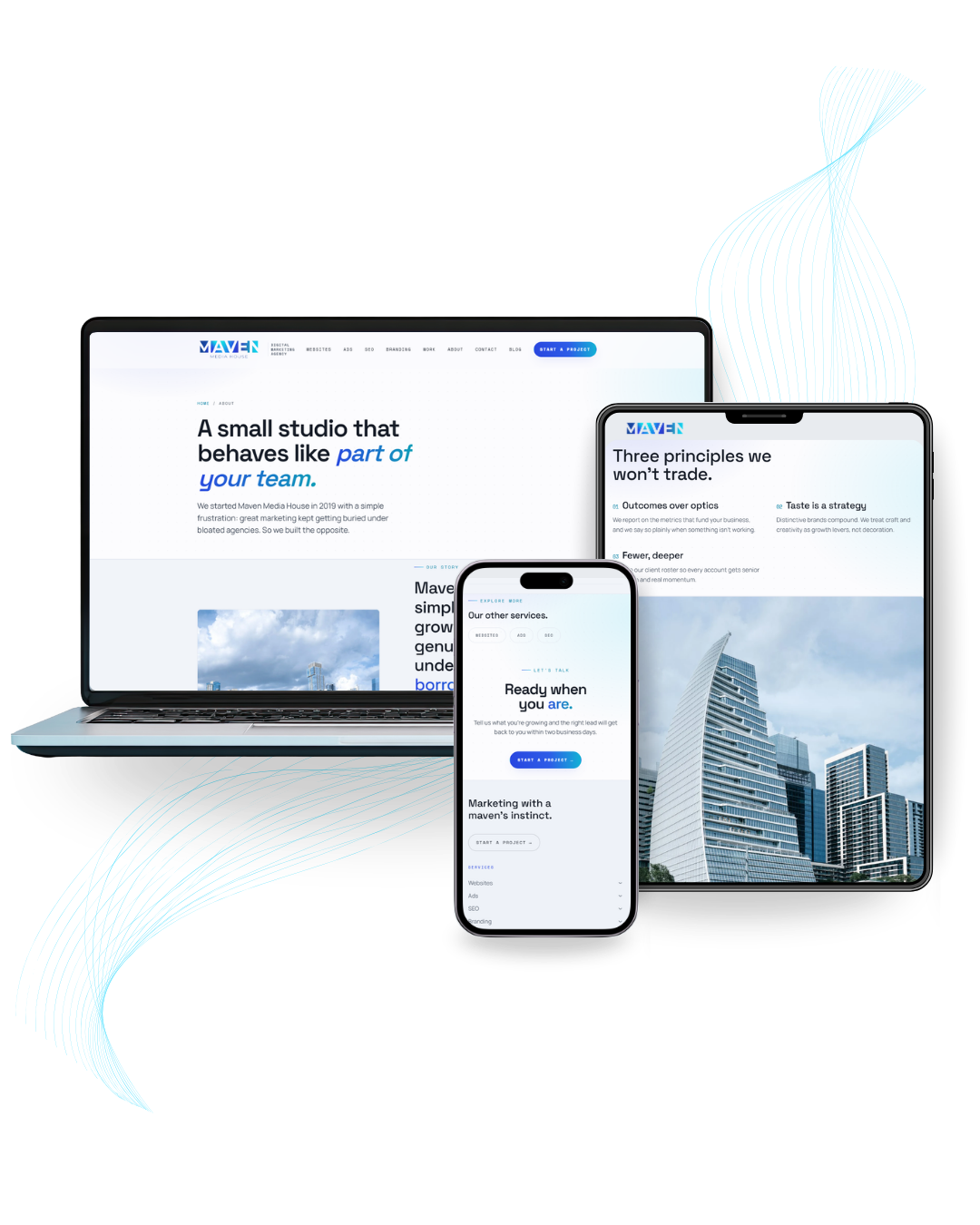 Maven Media House website design shown across laptop, tablet and phone